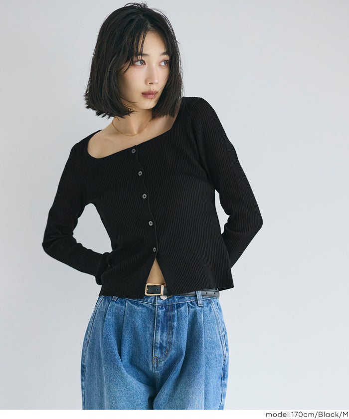 方領長袖針織上衣開衫