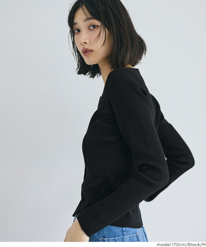 方領長袖針織上衣開衫