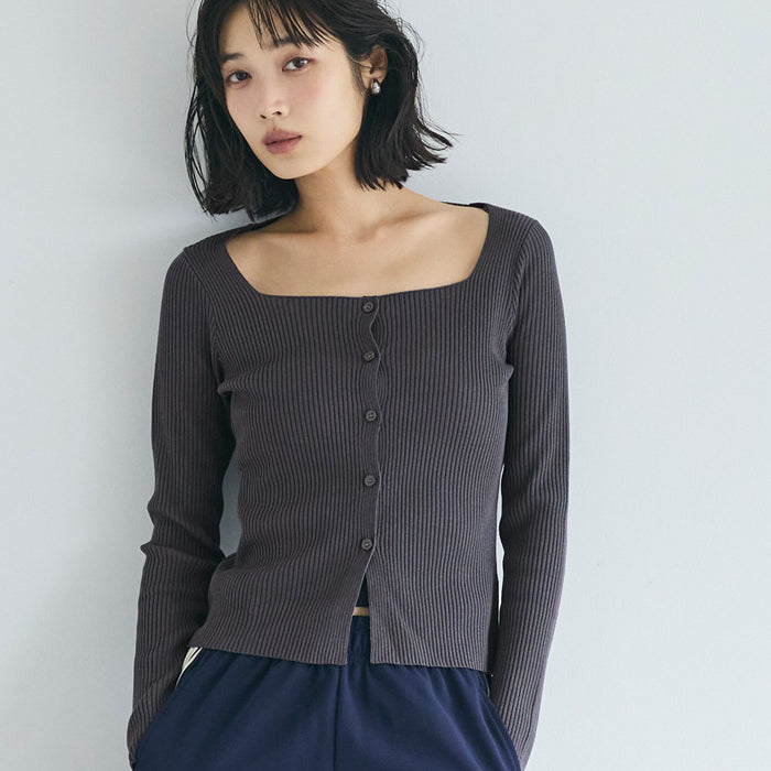 方領長袖針織上衣開衫