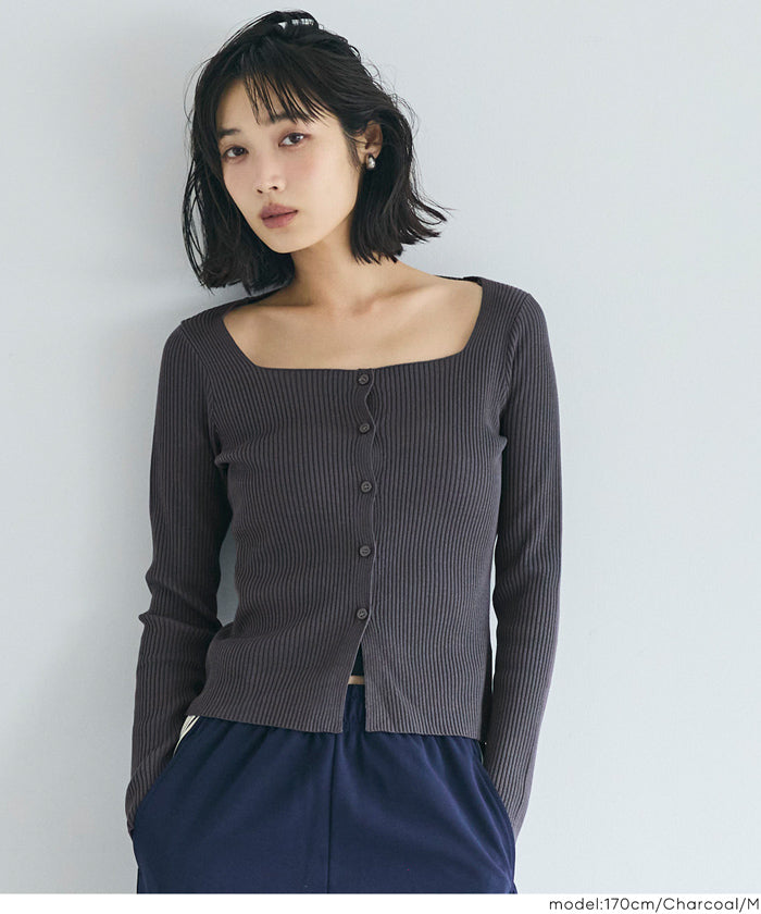 方領長袖針織上衣開衫