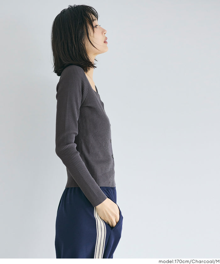 方領長袖針織上衣開衫