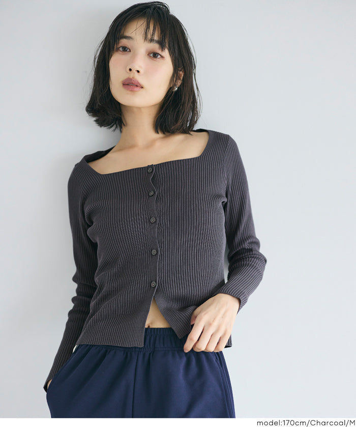 方領長袖針織上衣開衫