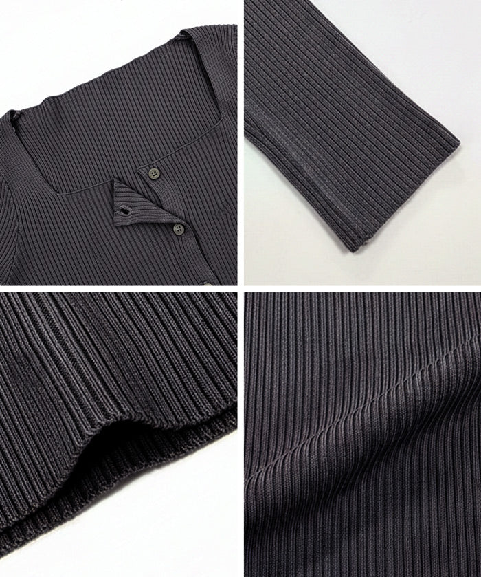 方領長袖針織上衣開衫