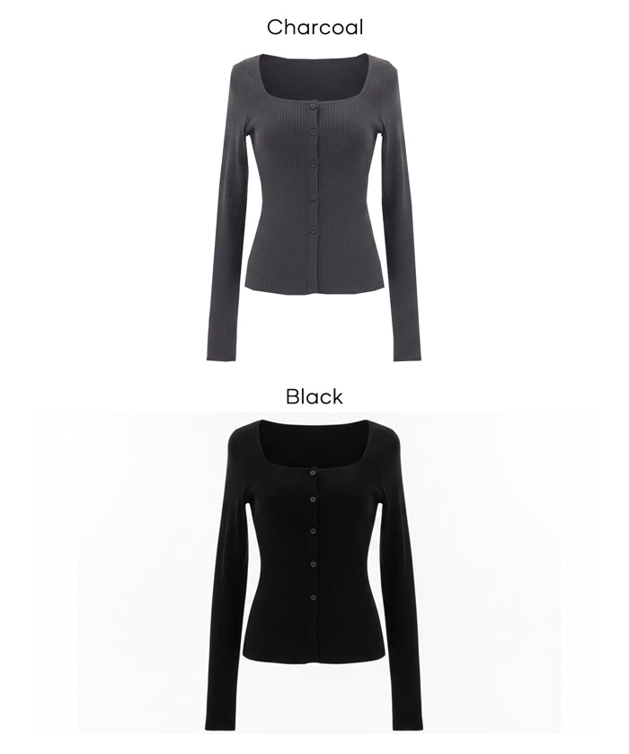 方領長袖針織上衣開衫