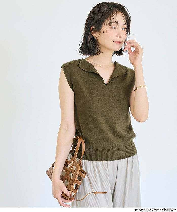 簡約小V翻領無袖針織上衣 (Sleeveless skipper knit top)