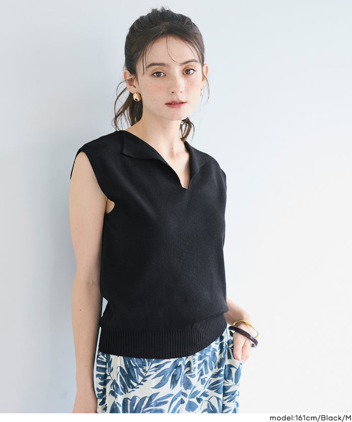 簡約小V翻領無袖針織上衣 (Sleeveless skipper knit top)