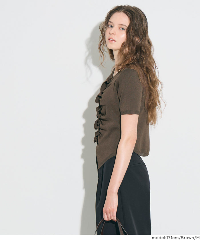抓皺前開衩短袖針織衫 (Front-gathered short-sleeved knit)