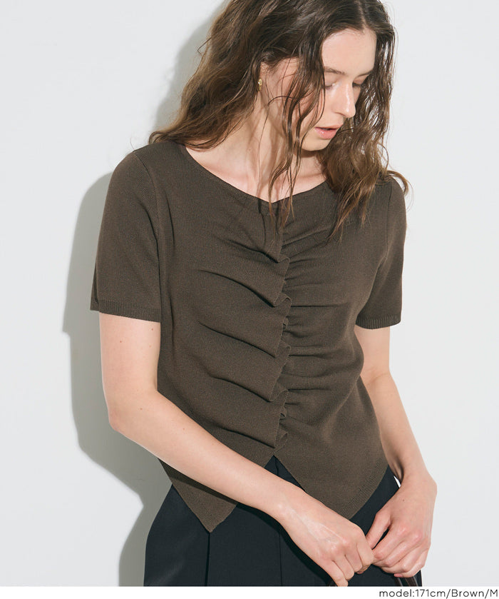 抓皺前開衩短袖針織衫 (Front-gathered short-sleeved knit)