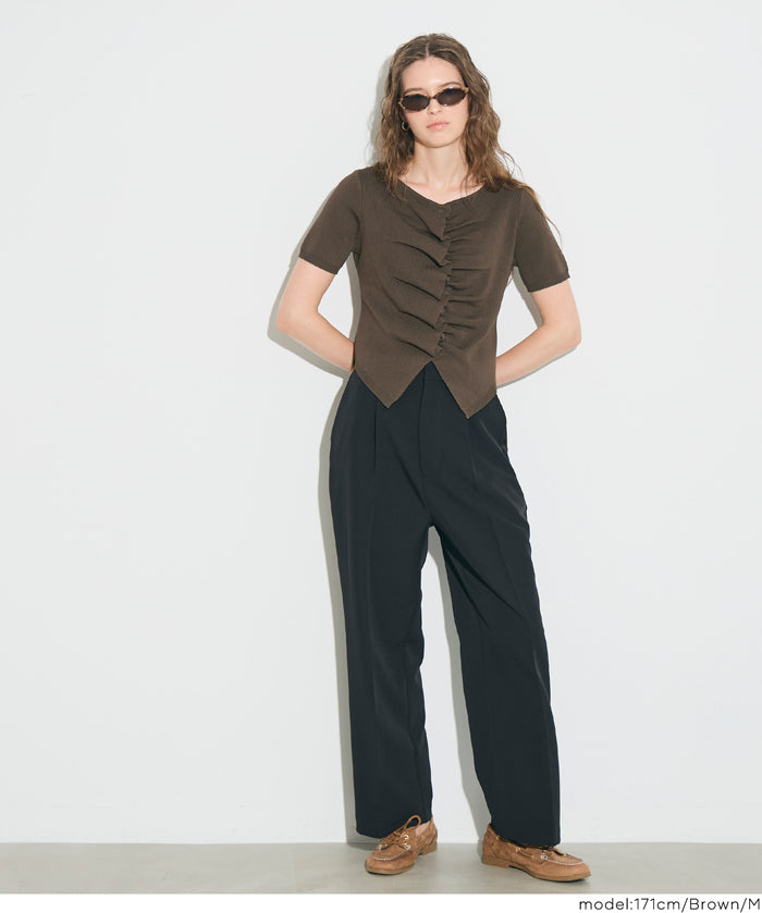抓皺前開衩短袖針織衫 (Front-gathered short-sleeved knit)