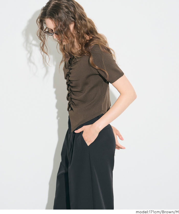抓皺前開衩短袖針織衫 (Front-gathered short-sleeved knit)