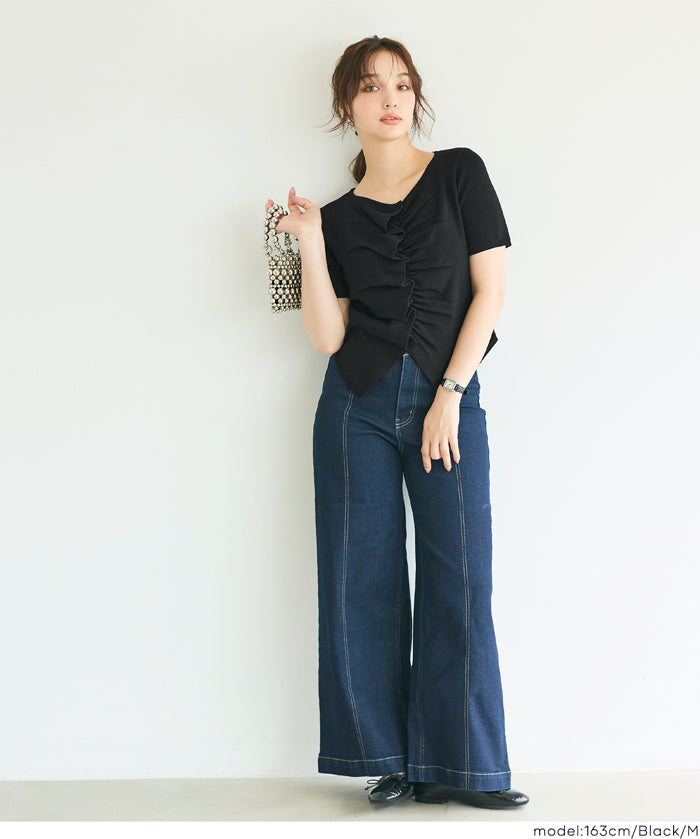 抓皺前開衩短袖針織衫 (Front-gathered short-sleeved knit)