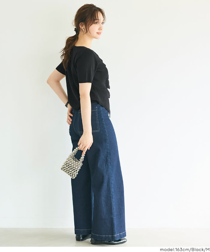 抓皺前開衩短袖針織衫 (Front-gathered short-sleeved knit)