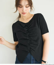 抓皺前開衩短袖針織衫 (Front-gathered short-sleeved knit)