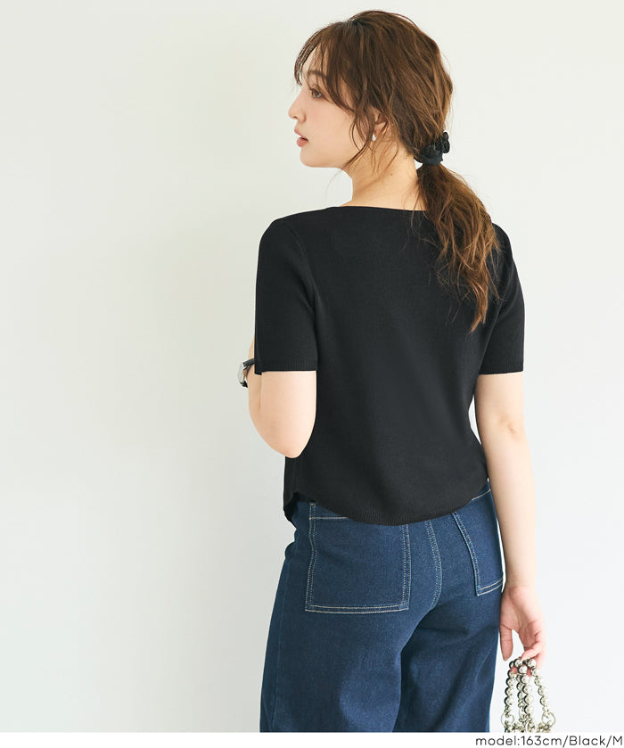 抓皺前開衩短袖針織衫 (Front-gathered short-sleeved knit)