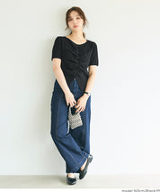 抓皺前開衩短袖針織衫 (Front-gathered short-sleeved knit)