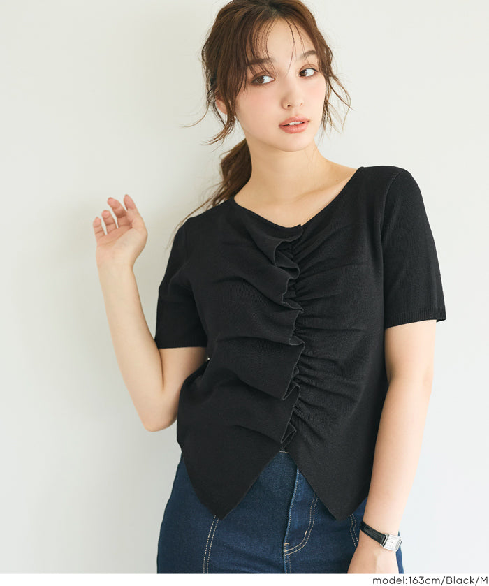 抓皺前開衩短袖針織衫 (Front-gathered short-sleeved knit)