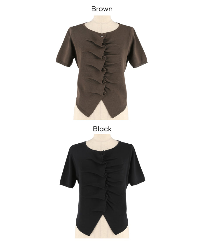 抓皺前開衩短袖針織衫 (Front-gathered short-sleeved knit)