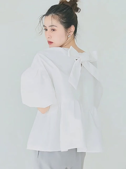 日系後蝴蝶結澎袖挺感娃娃上衣